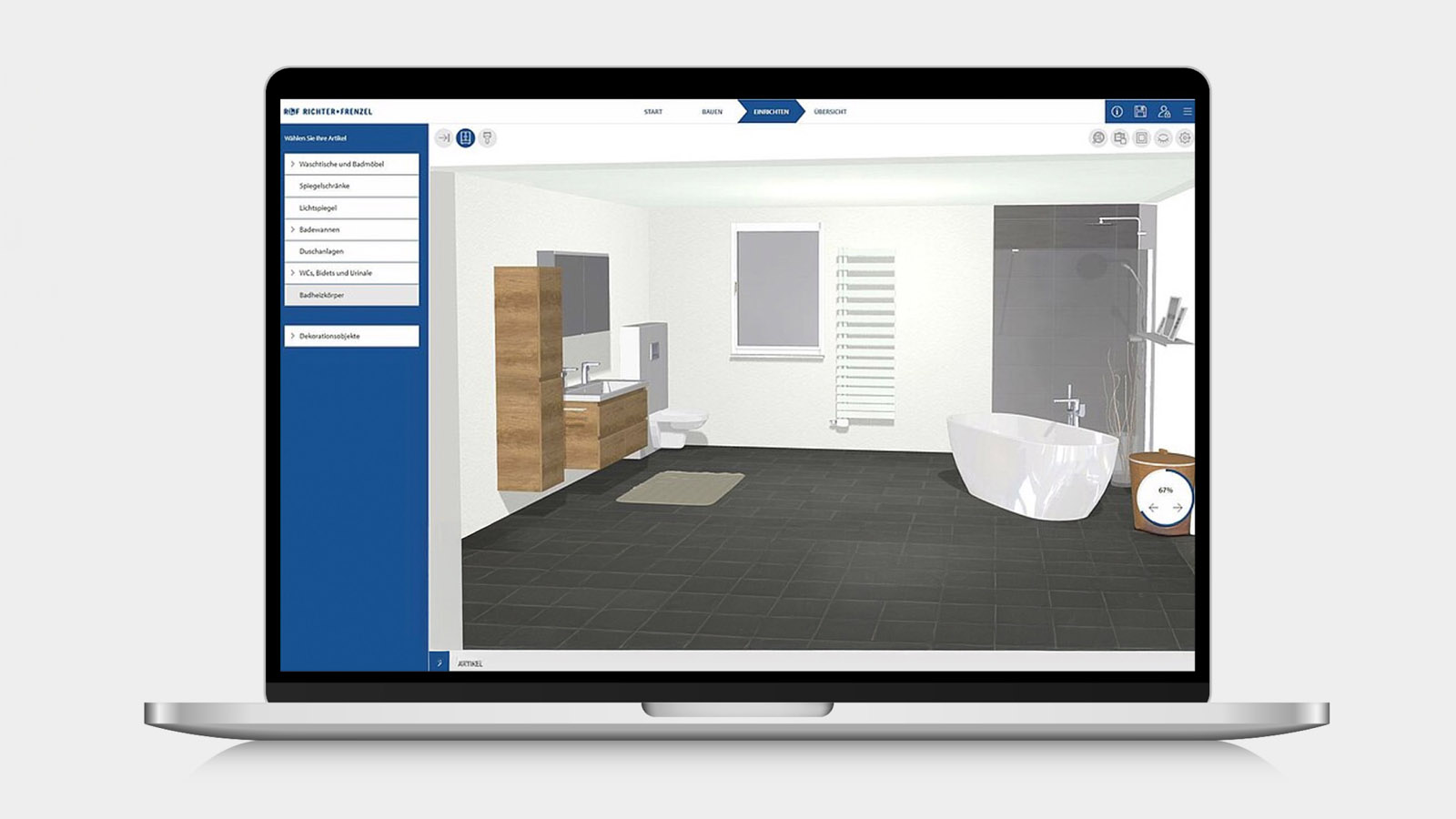 Aufgeklappter Laptop. Auf dem Bildschirm zu sehen: R+F Online Badplaner mit einer Planung in 3D-Ansicht.
