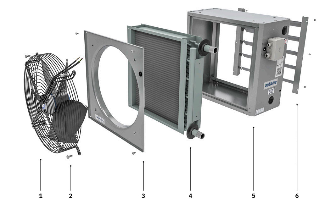 Bauteile eines Optiline EC Lufterhitzers