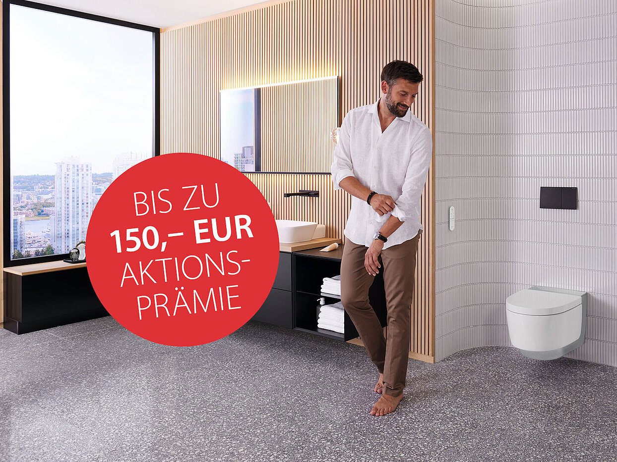 Mann vor Dusch-WC - Bis zu 150,00 Euro Aktionsprämie