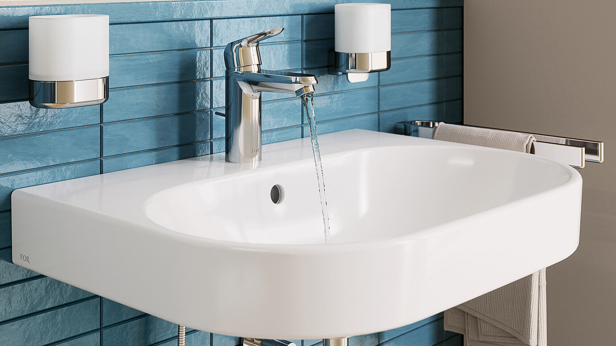 FOR Tavona Waschbecken, Waschtischarmatur chrom, Glashalter, Seifenspender