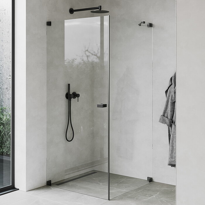  Optiline 500 Premium Duschabtrennung, Optiline 300 Kopfbrause mit Wandbrausearm, MyStar Einhebelmischer-Fertigset, mattschwarz