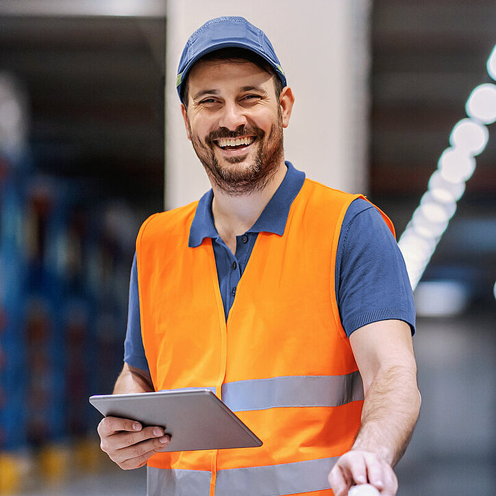 R+F Disponent mit Tablet im Lager