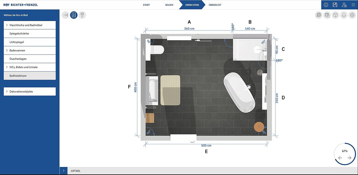 Planung im R+F Badplaner, 2D-Ansicht