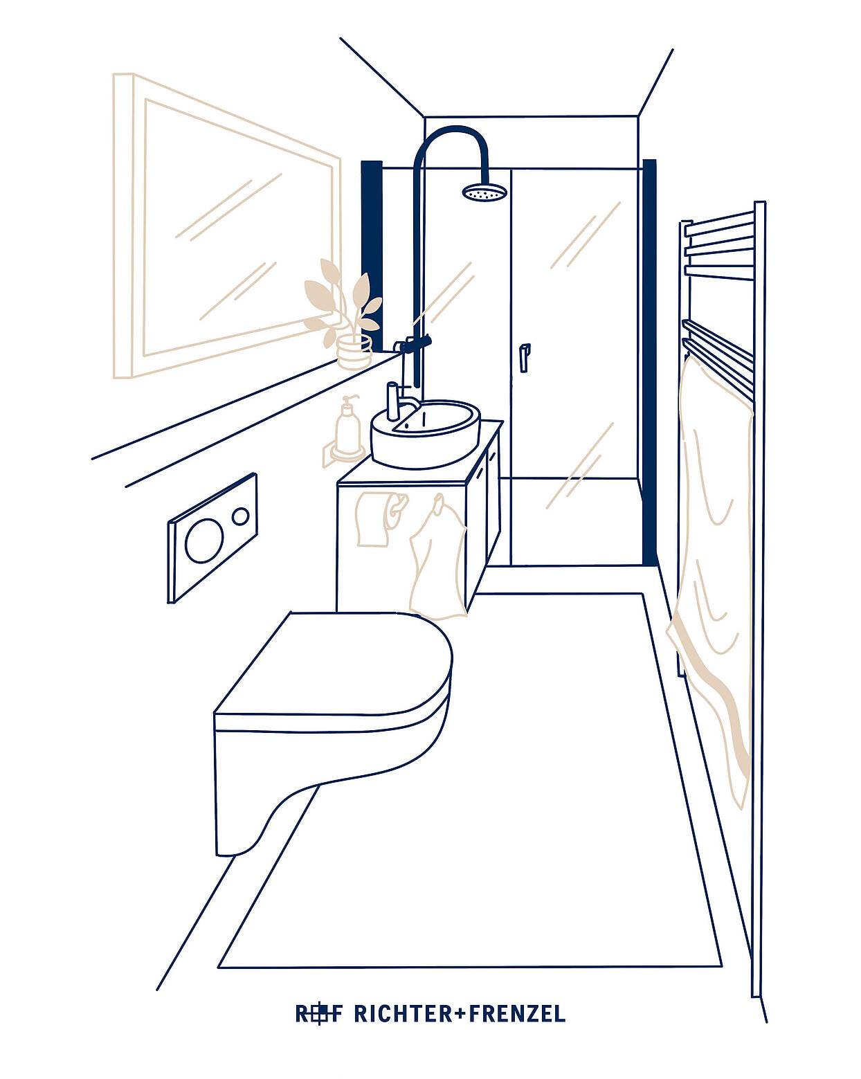 Linienzeichnung kleines Bad Dusche WC Waschtisch