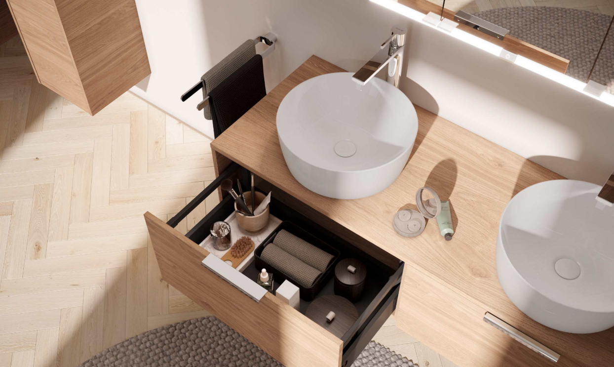 VÉO VÉO Wohmnbad, Holzboden, Badmöbel in Holzoptik, Aufsatzschale