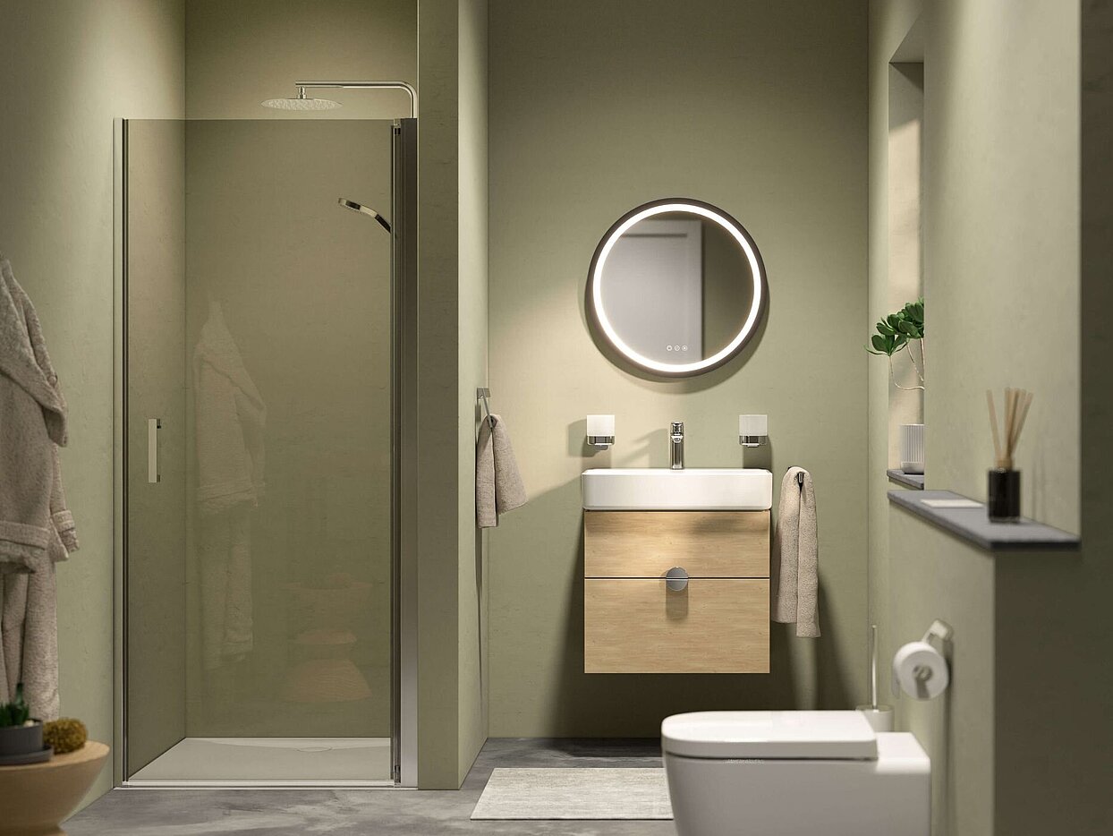 Kleines Bad mit Dusche, Wände grünlich, FOR Leano