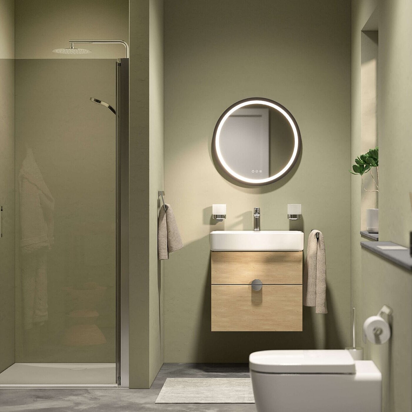 Kleines Bad mit Dusche, Wände grünlich, FOR Leano