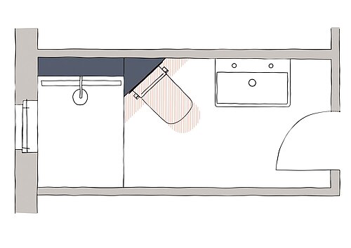 Grundriss TECE Vorwandsystem Compact 320 schmales Bad, WC Schräglösung