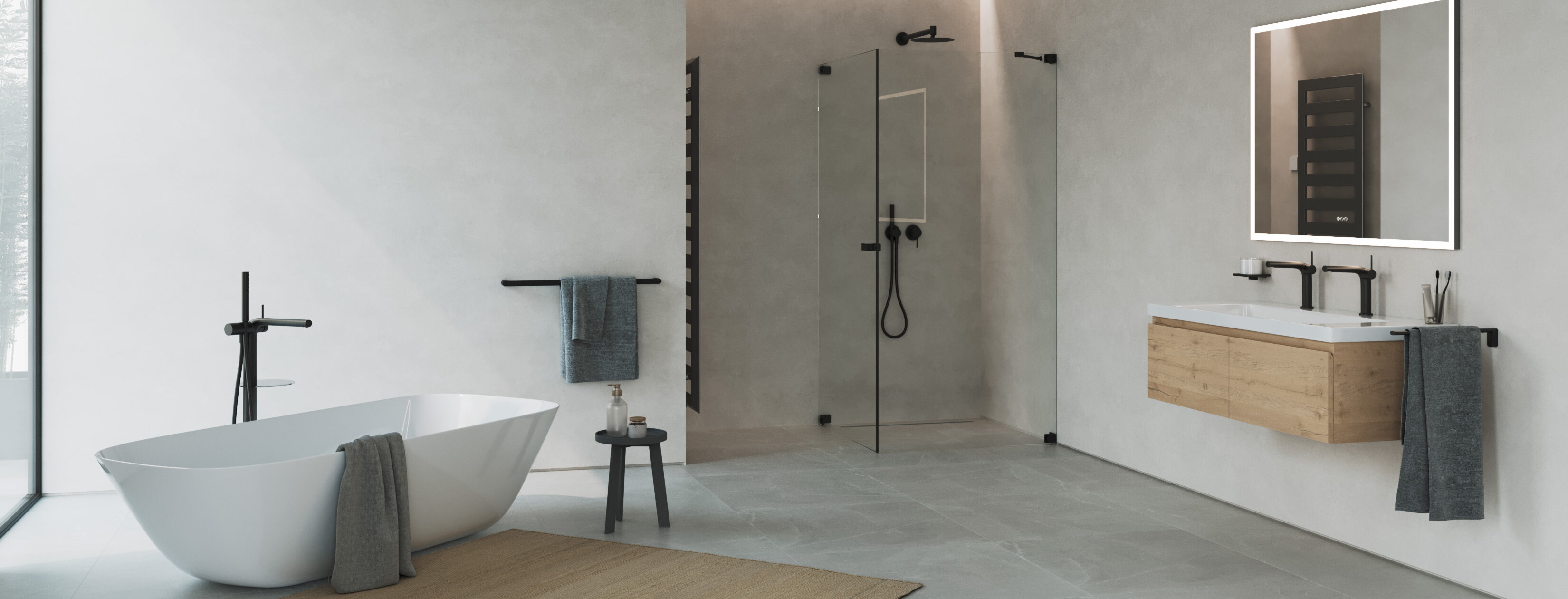 Badezimmer mit mattschwarzen Armaturen und Accessoires