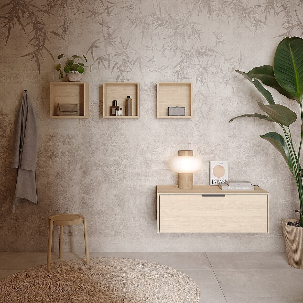 VÉO VÉO kleiner Badschrank Eiche hell mit offenen Wandregalen und Deko