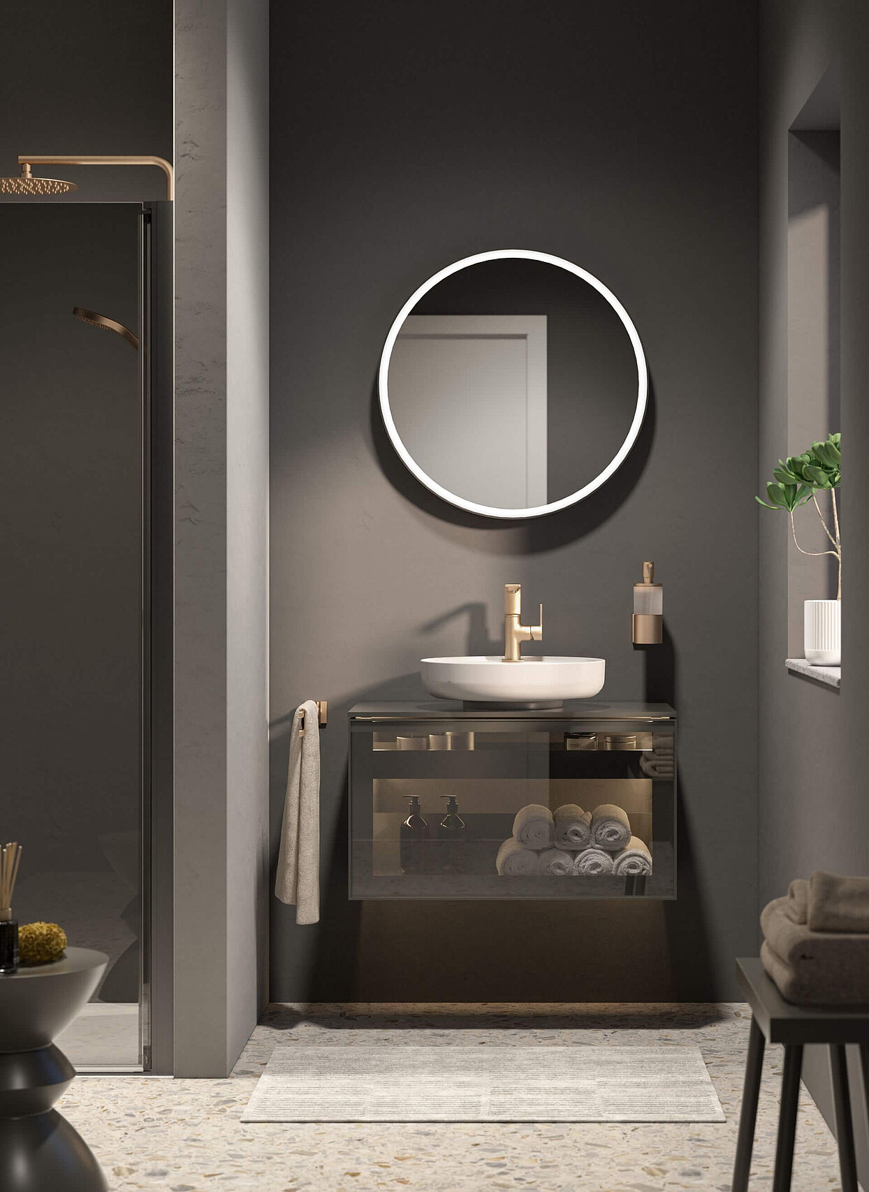 FOR Gästebad Boheme Waschtischunterschrank Glastür Aufsatzbecken rund Armaturen gold