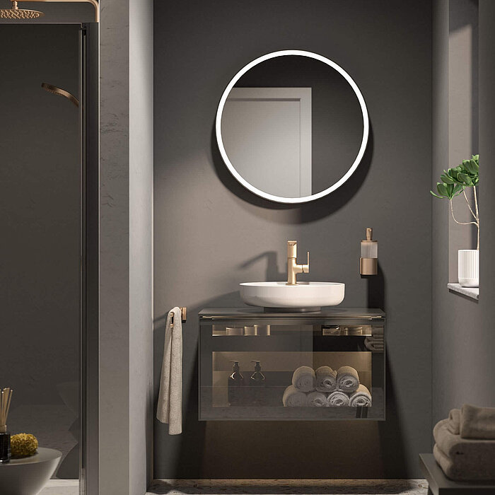 FOR Gästebad Boheme Waschtischunterschrank Glastür Aufsatzbecken rund Armaturen gold