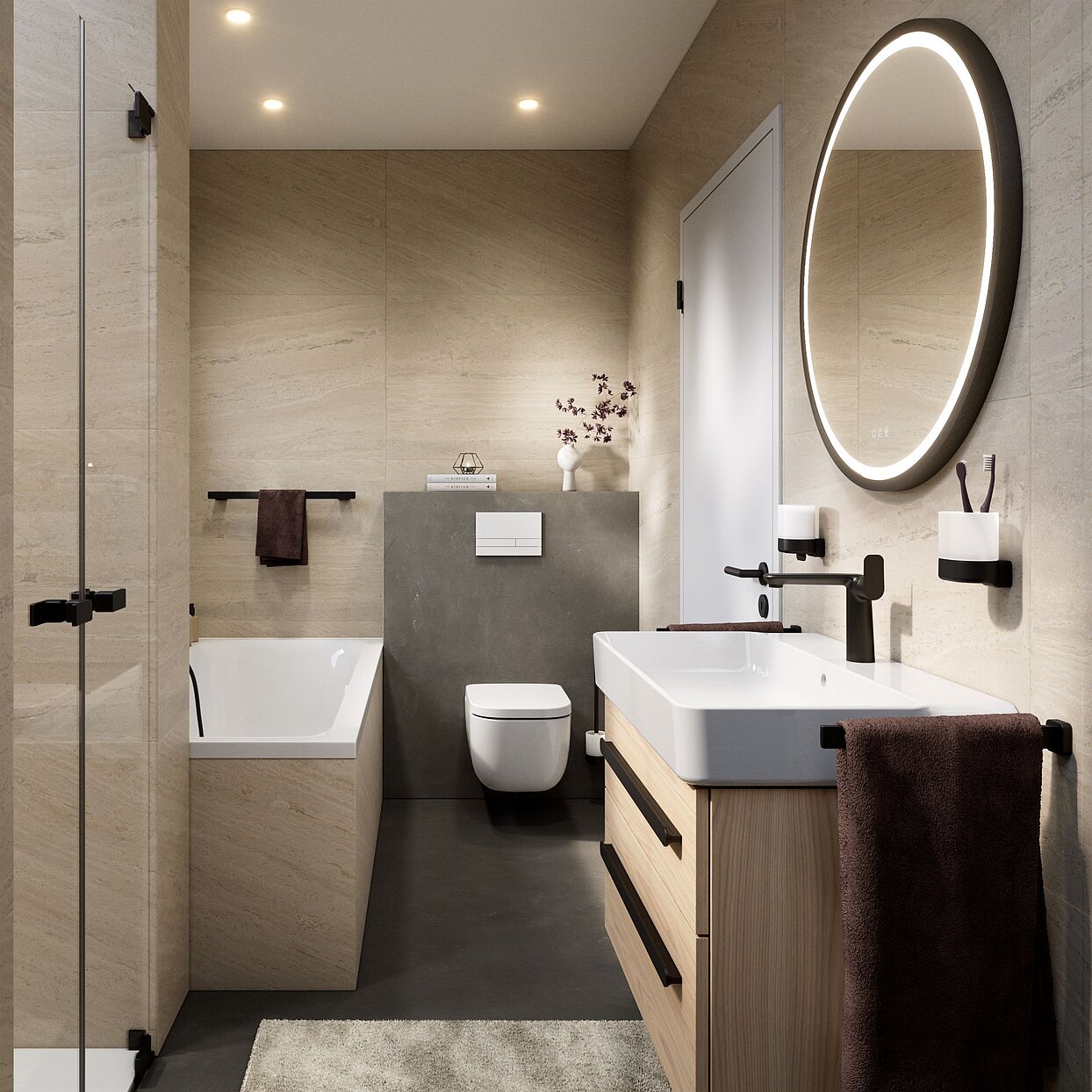 Kleines Bad mit Dusche und Badewanne, unregelmäßiger Grundriss, FOR Leano