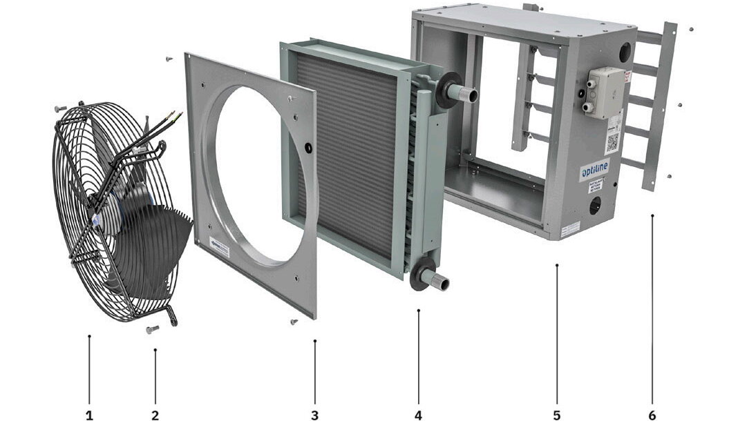 Bauteile eines Optiline EC Lufterhitzers