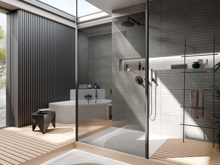 VÉO Schwarzes Bad mit Dusche und Eckbadewanne