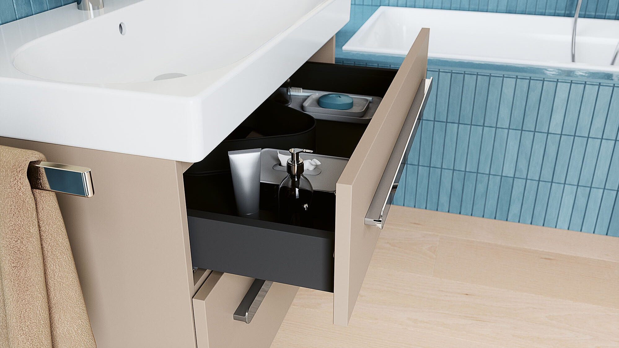 FOR Tavona Waschtischanlage, Waschtischunterschrank Schublade geöffnet