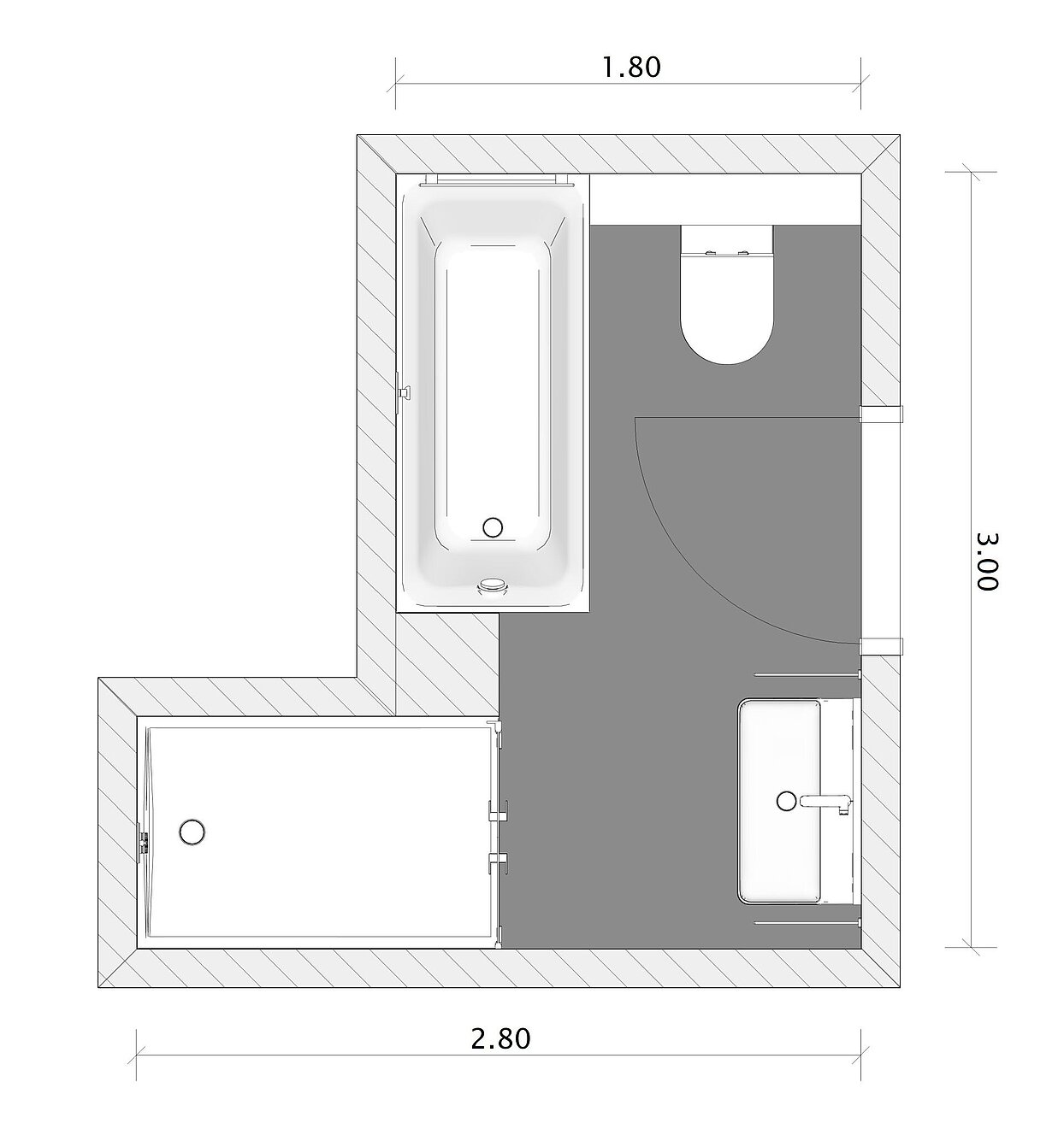 Grundriss Kleines Bad mit Dusche und Badewanne, unregelmäßiger Grundriss, FOR Leano