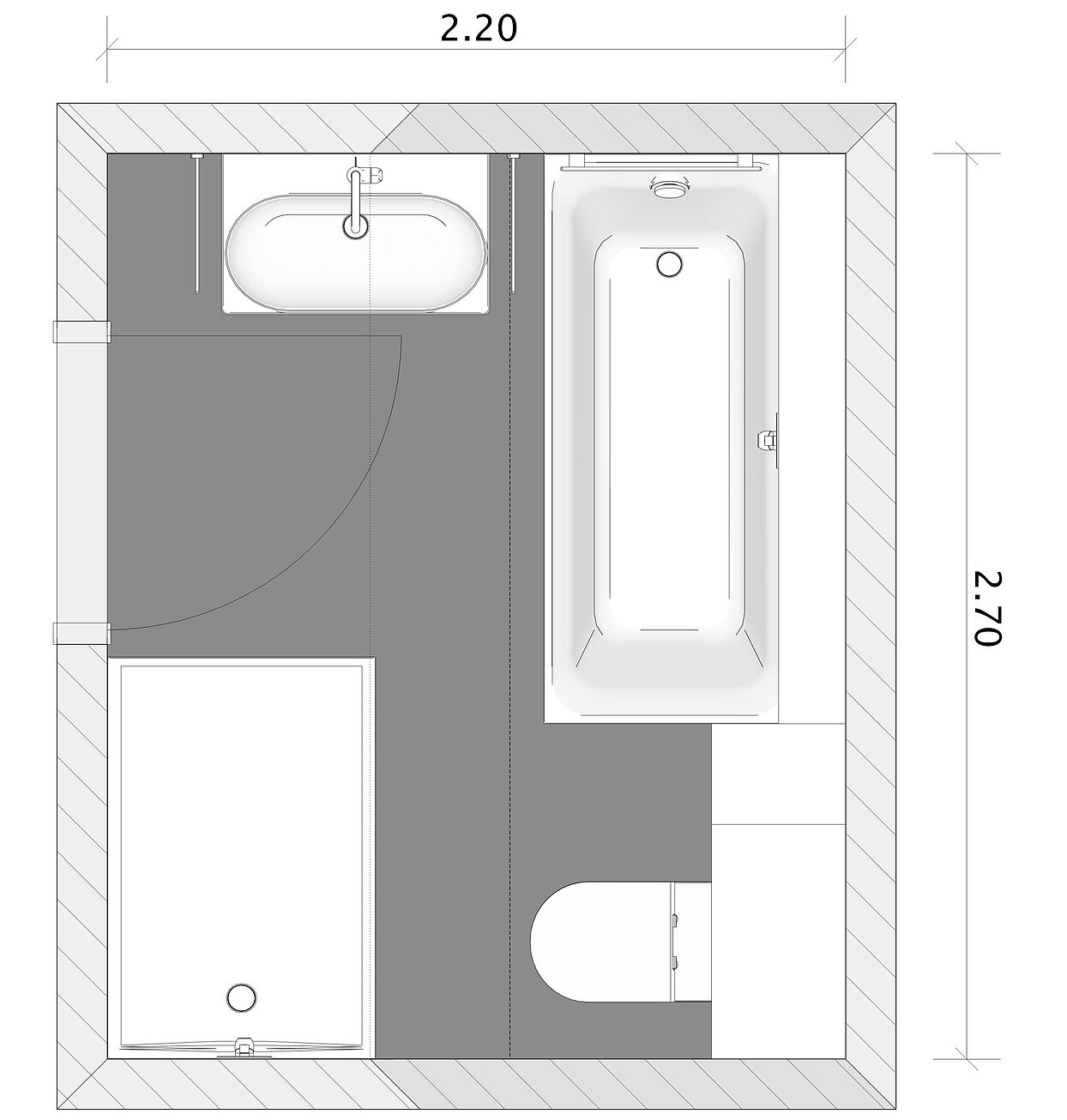 Grundriss Kleines Bad mit Dusche und Badewanne, Dachschräge, FOR Tavona