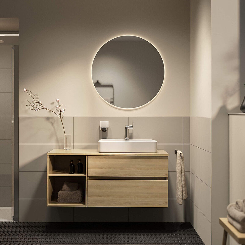 Gästebad FOR Leano Waschtischkonsole Holzoptik Aufsatzbecken LED Lichtspiegel rund
