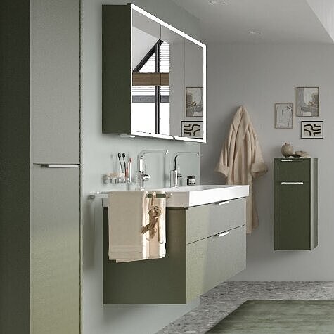 VÉO VÉO Badmöbel-Set YUNA grün-matt mit Hochschrank, Waschtischunterschrank und Spiegelschrank