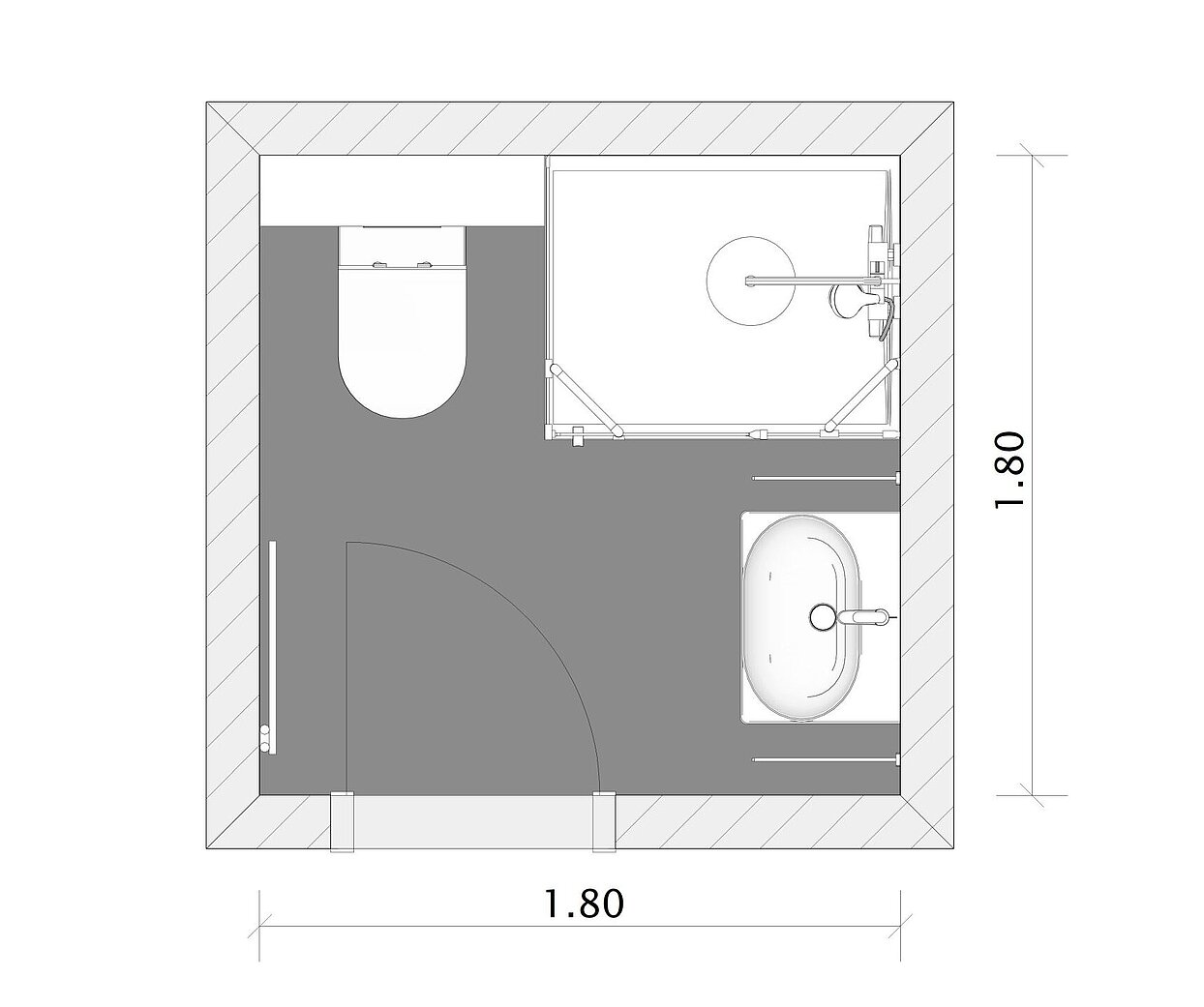 Grundriss Kleines Bad mit Dusche, 3 qm, 180x180, FOR Tavona