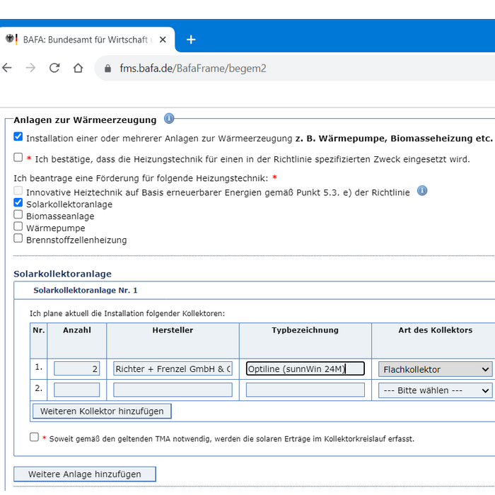 Screenshot: BAFA Antrag, sunWin24 als Solarkollektor gewählt