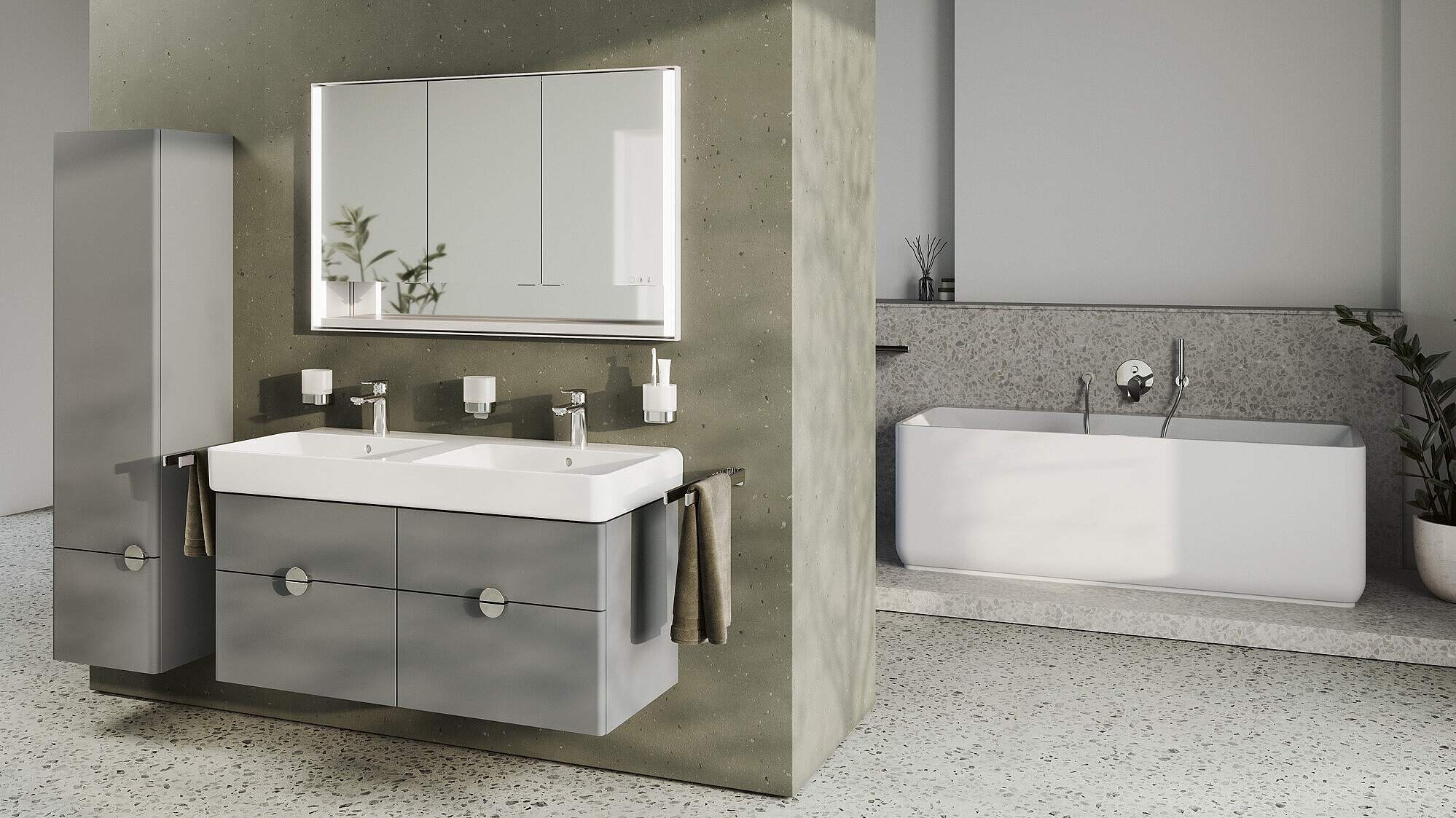 FOR Leano Bad Gesamtansicht Badewanne Monoblock Badmöbel Waschtischanlage Spiegelschrank