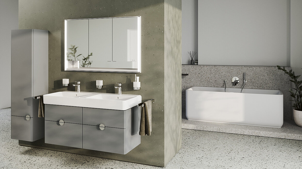 FOR Leano Bad Gesamtansicht Badewanne Monoblock Badmöbel Waschtischanlage Spiegelschrank