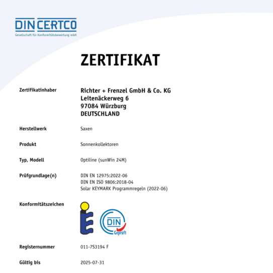 DIN CERTCO Zertifikat für R+F Optiline (sunWin 24M) Solarkollektor